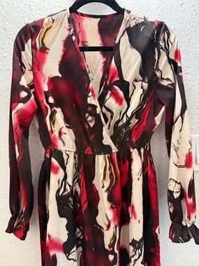 Women’s Red & Cream Abstract Wrap Dress